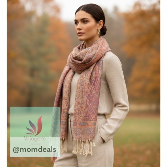 Elegant Shawl in Tan with Soft Pink - Versatile Wrap, Scarf, Stole Soft Rayon - Picture 1 of 16